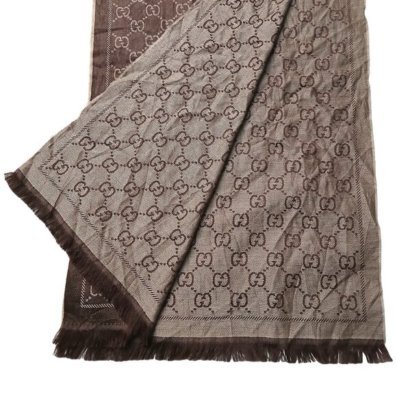 Gucci Brown & Taupe Reversible GG Logo Print Shawl Wrap Vintage Pre-Owned - Picture 2 of 7